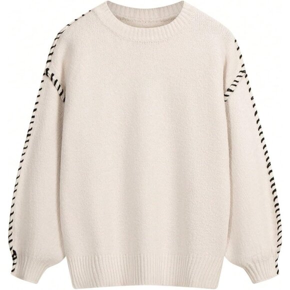 Women's Khaki Oversized Stitching Long Sleeve Crew Neck Baggy Knit Sweaters - Picture 3 of 5